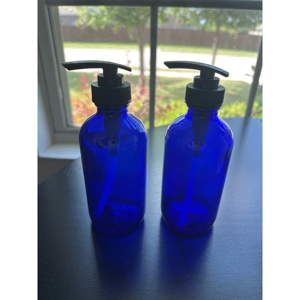 Set of 2 Cobalt Blue Glass Pump Bottles 8oz Lotion Soap Dispenser Reusable